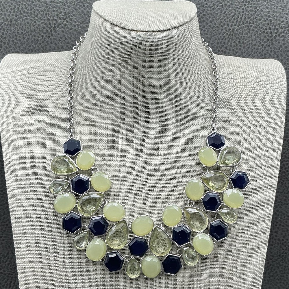 Talbots Necklace Yellow Navy Bib Multicolor Silver Tone Womens Statement Jewelry